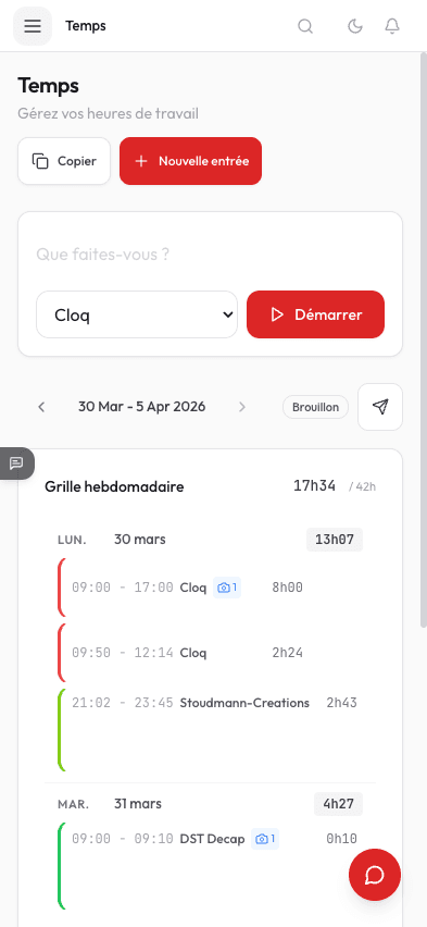 Pointage en 1 seconde — grille hebdomadaire Cloq avec timer, projets et conformité LTr