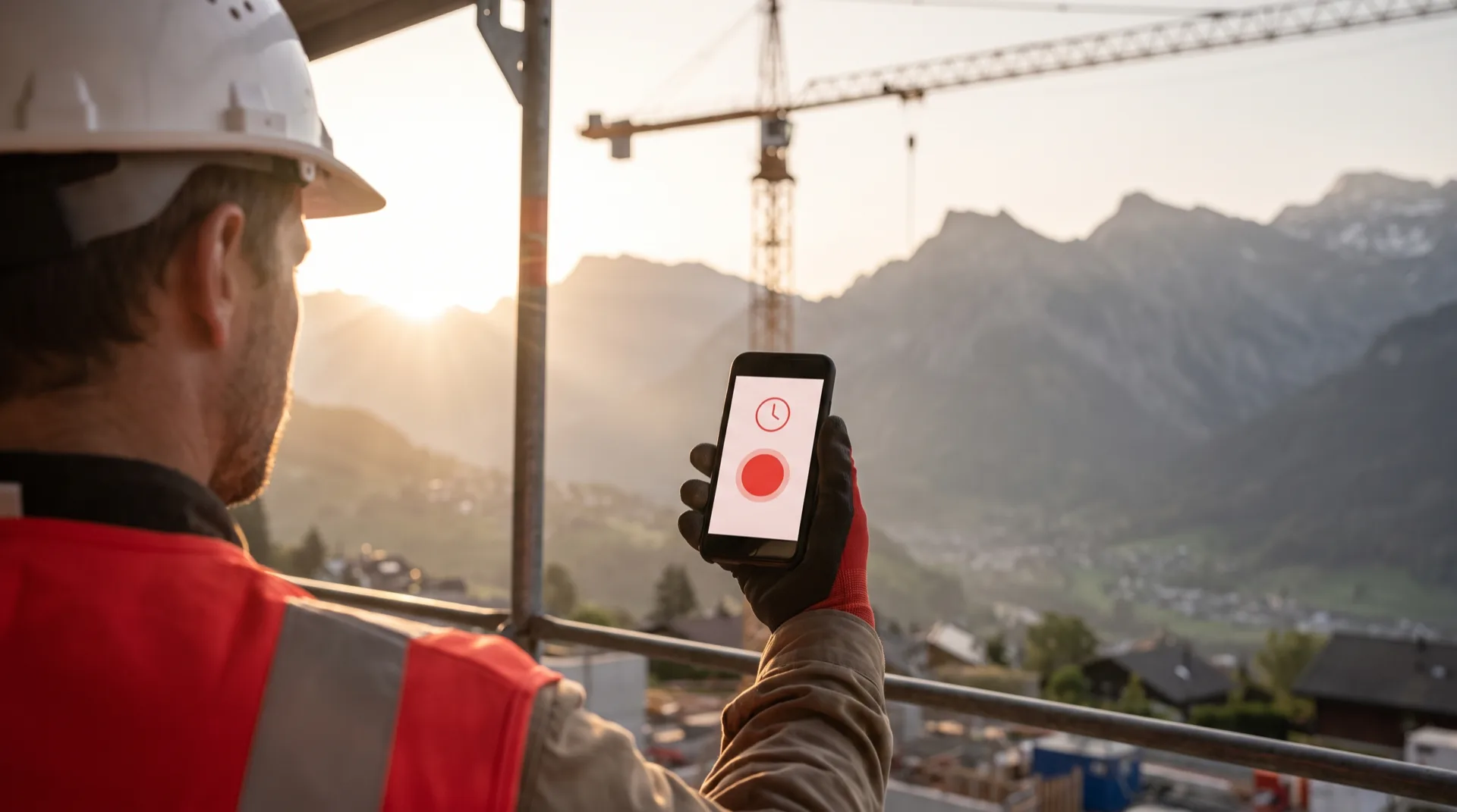 Ouvrier en gilet de sécurité qui pointe ses heures depuis son smartphone sur un chantier suisse